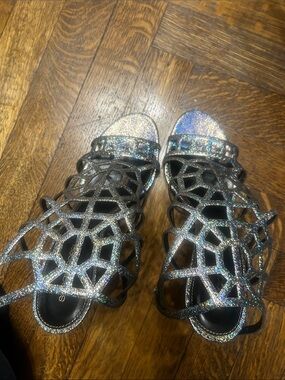 Sergio Rossi Silver Glitter Strappy Heeled Sandals